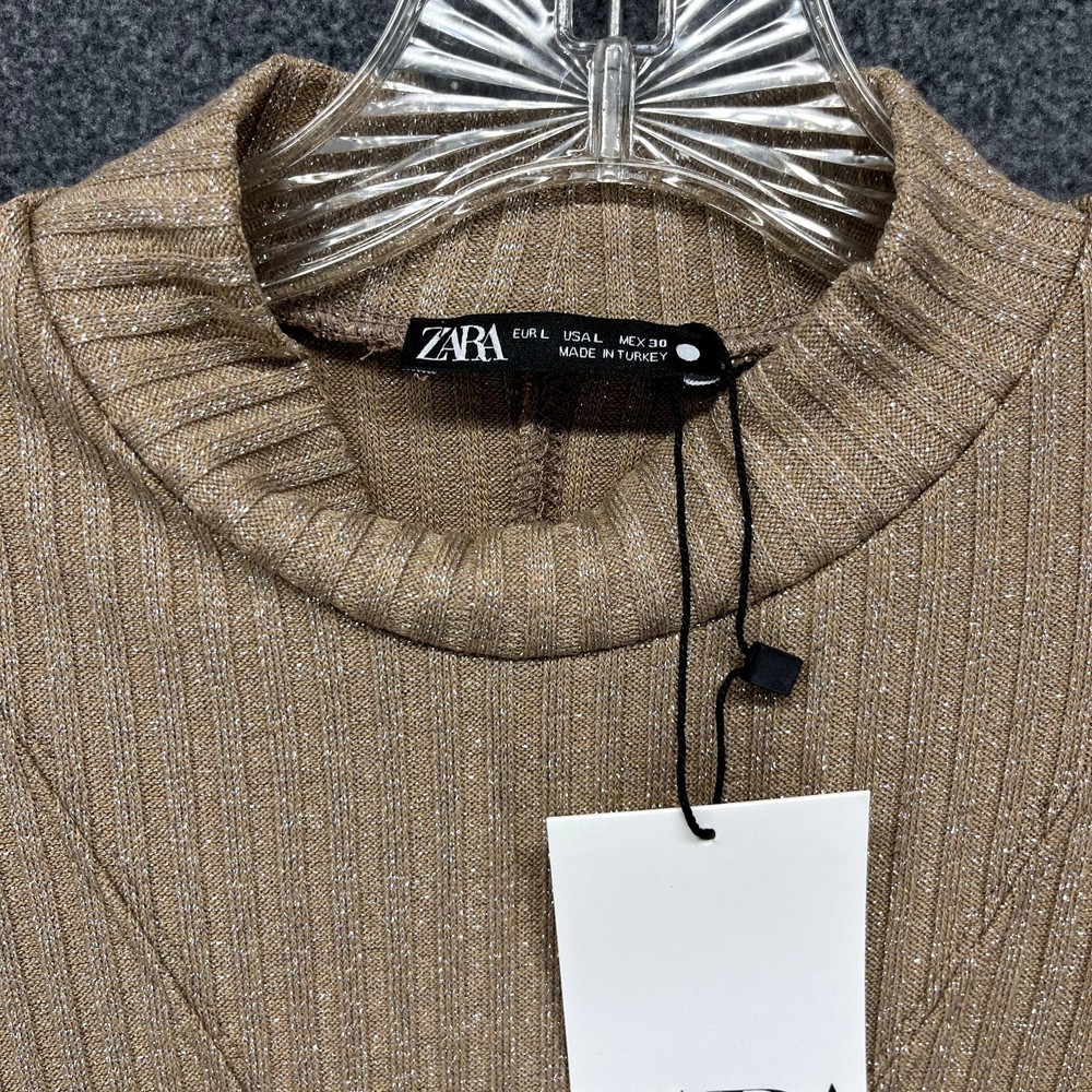 Zara Ribbed Dress womens Size L Tan Sleeveless Stretch metallic thread Halter - Picture 15 of 16